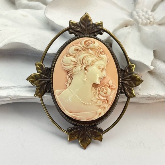 Large Lady Rose Antique Brass Style Cameo - Picture 2 of 9
